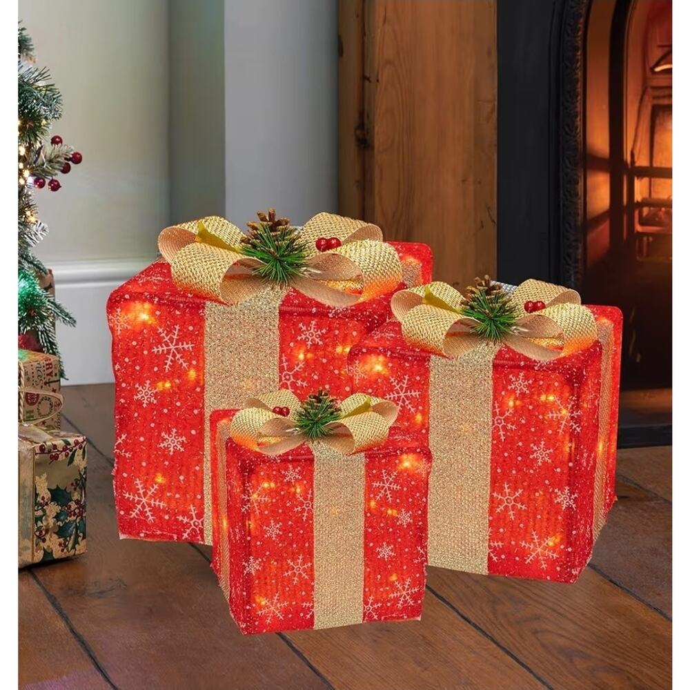 Set of 3 Lighted Christmas Gift Boxes: Pre-Lit Holiday Decor (Warm White)